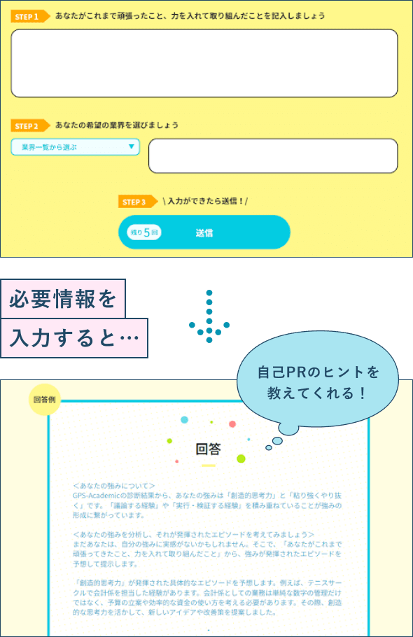必要情報を入力すると自己PRのヒントを教えてくれる！